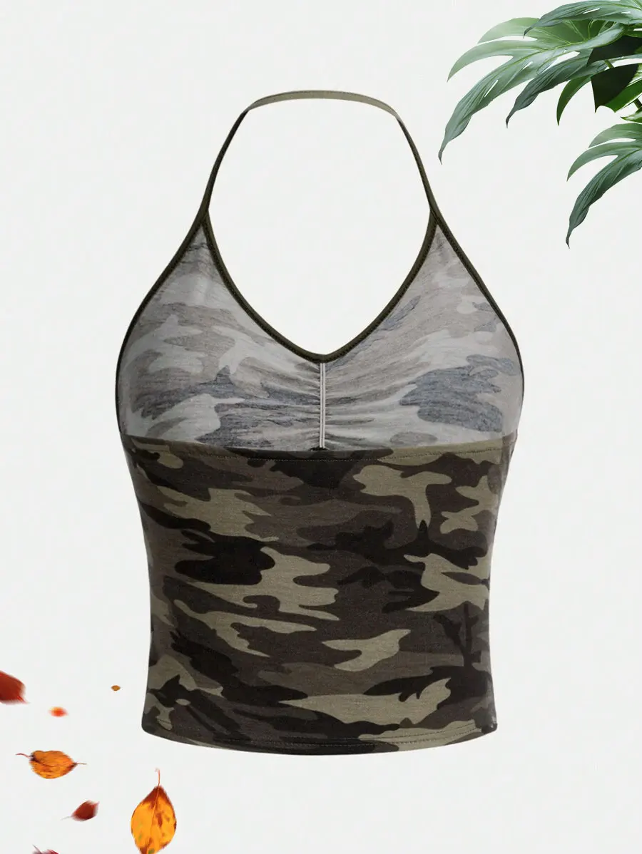 Women Camo Print Halter Crop Top Casual V Neck Ruched Sleeveless Camisole Top