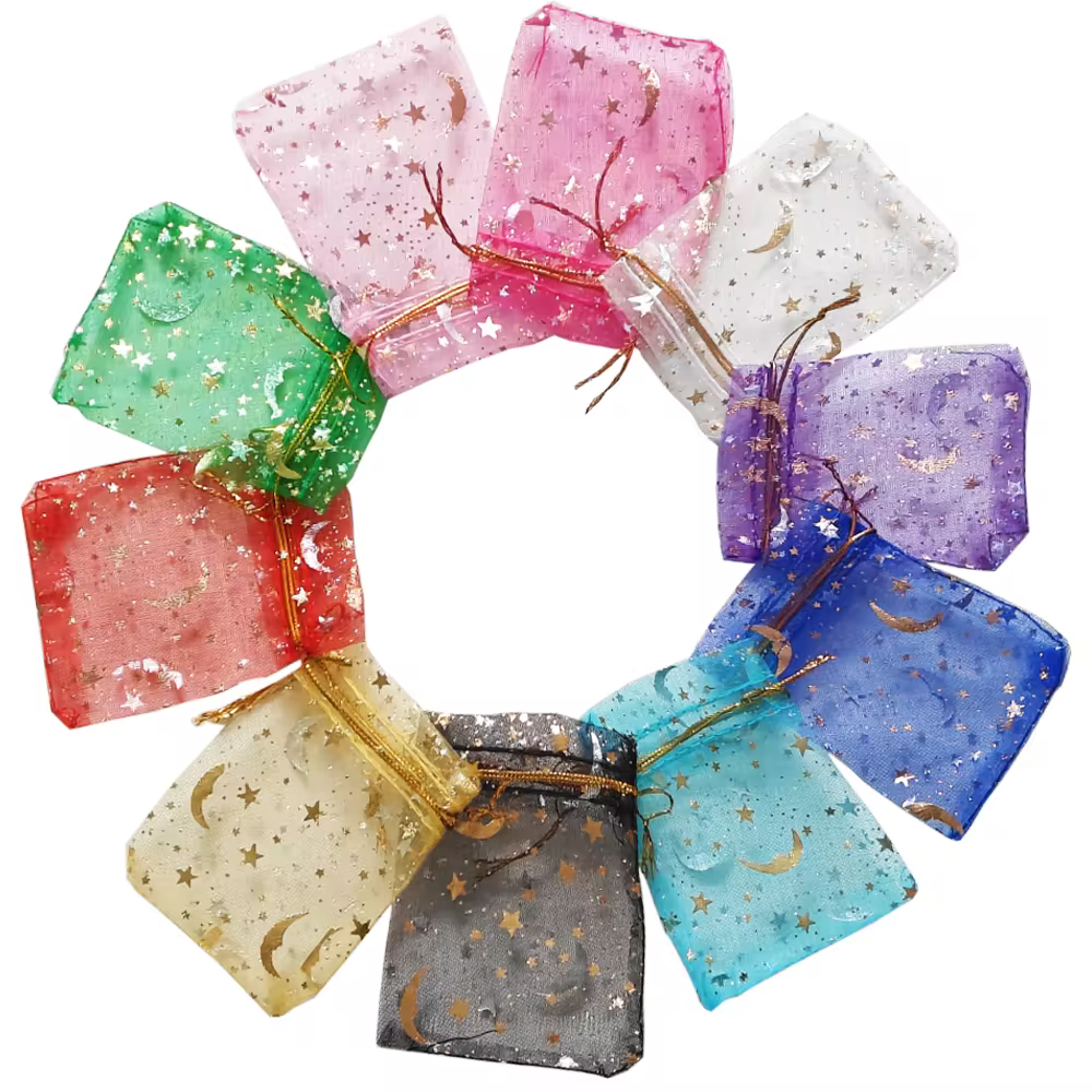 Bolsa de regalo de Organza con forma de estrella y Luna, bolsas de regalos de joyería Multicolor para fiesta de boda, bolsa de dulces, embalaje de joyería al por mayor, 25/50/100 Uds.