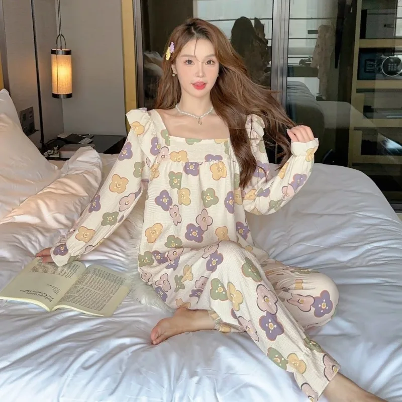 Pajamas Women 2024 Spring Autumn Student Casual Sweet Little Flower Printed Homewear Suit Loose Square Collar Sleepwear Set