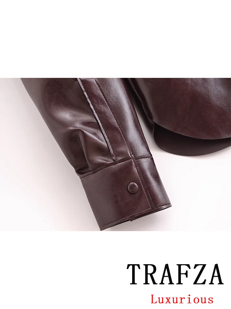 TRAFZA Vintage Faux Leather garnitur damski z długim rękawem skręcić w dół kołnierz kurtki prosta Mini spódniczka moda 2024 garnitur jesienno-zimowy