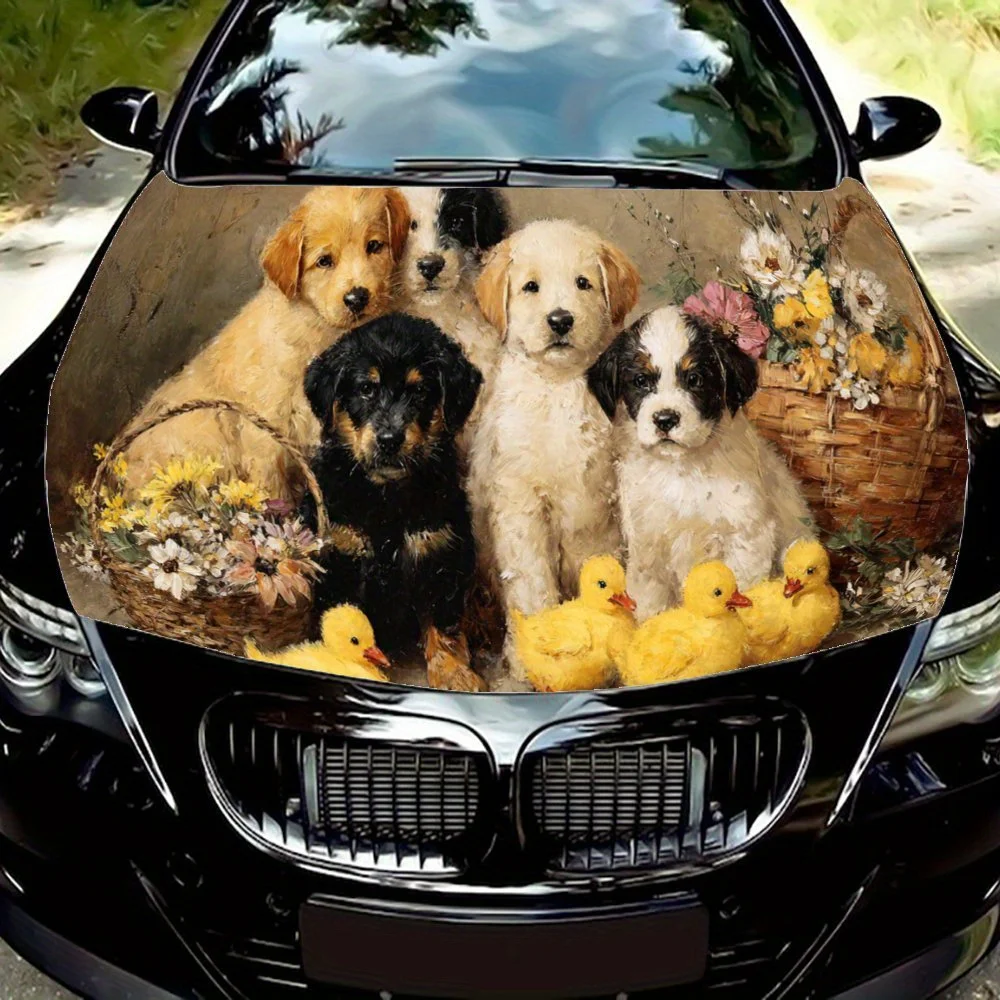 Adorable Puppy Duckies Daisies Car Hood Sticker PVC Self Waterproof Stick, Striking Auto Exterior Accessories Decoration Protect