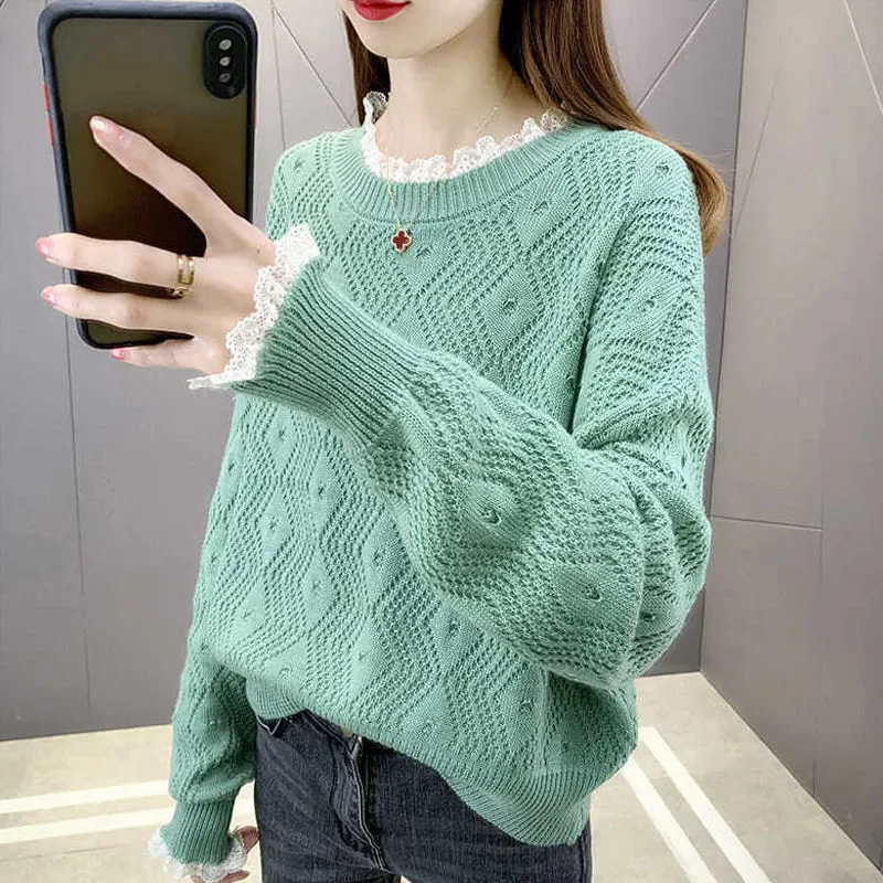 

Autumn New Fashion Hollow Out Thin Lace Knitted Pullover Sweater Women Lantern Sleeve Knitwear Loose Jumper Tops Female B1311