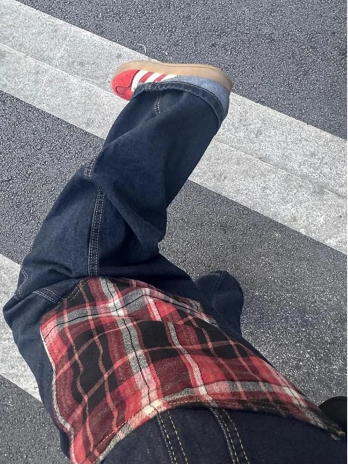 

American Sle High Street Plaid Splicing Men's Jeans Spring Autumn New Hip Hop Straight Loose Wide Leg Pants Casual Youth Po...
