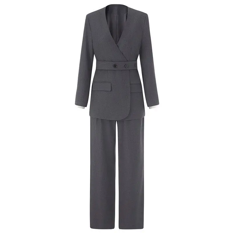 

Gray Fashion Design Color Block Suit Two-Piece Set Waist Cinched Slimming Belted Business Casual Women's Ensemble