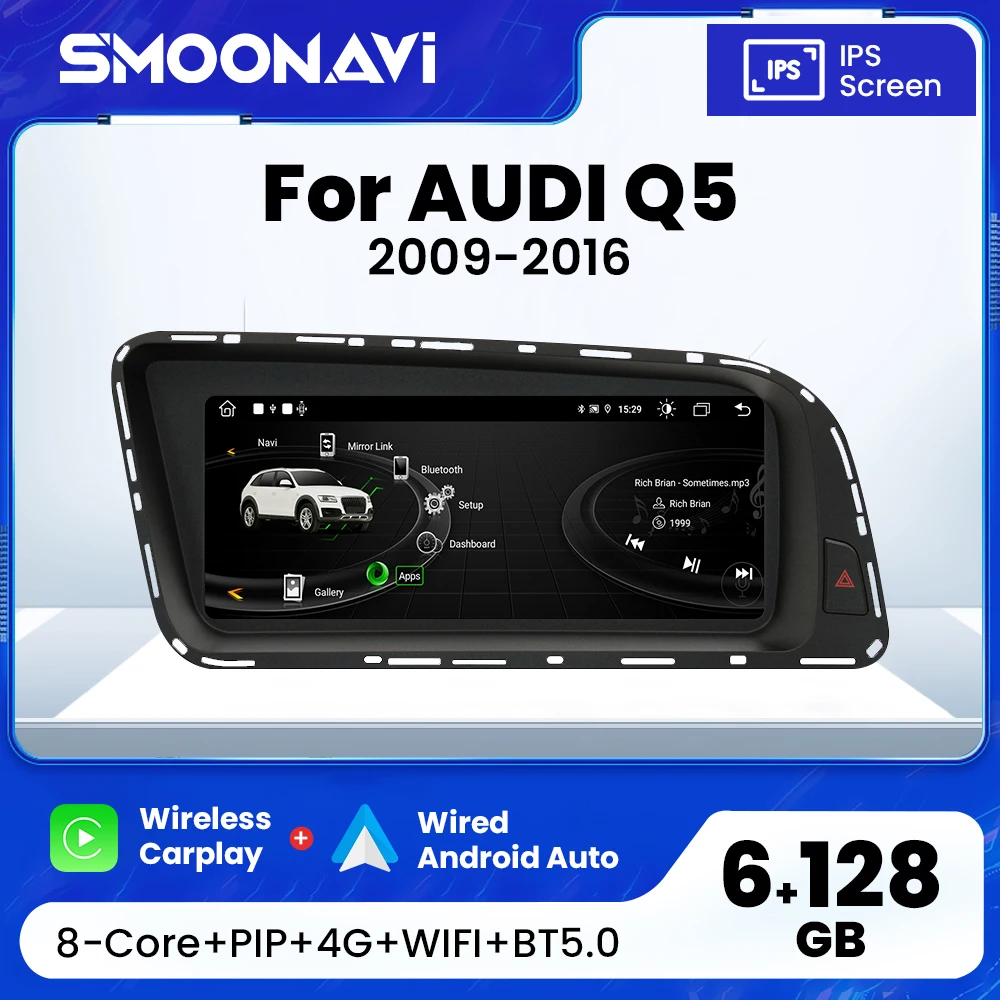 Lecteur d'autoradio pour Audi Q5 2009-2016 Android 14 multimédia 1920*720 IPS GPS 4G Wifi sans fil Carplay Android Auto Navigation