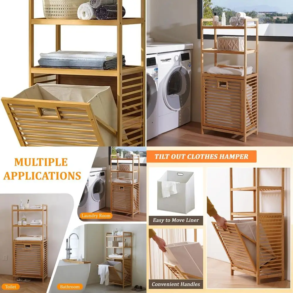 

3-Tier Bamboo Laundry Hamper with Tilt-Out Basket for Efficient Storage in Laundry Room & Bathroom