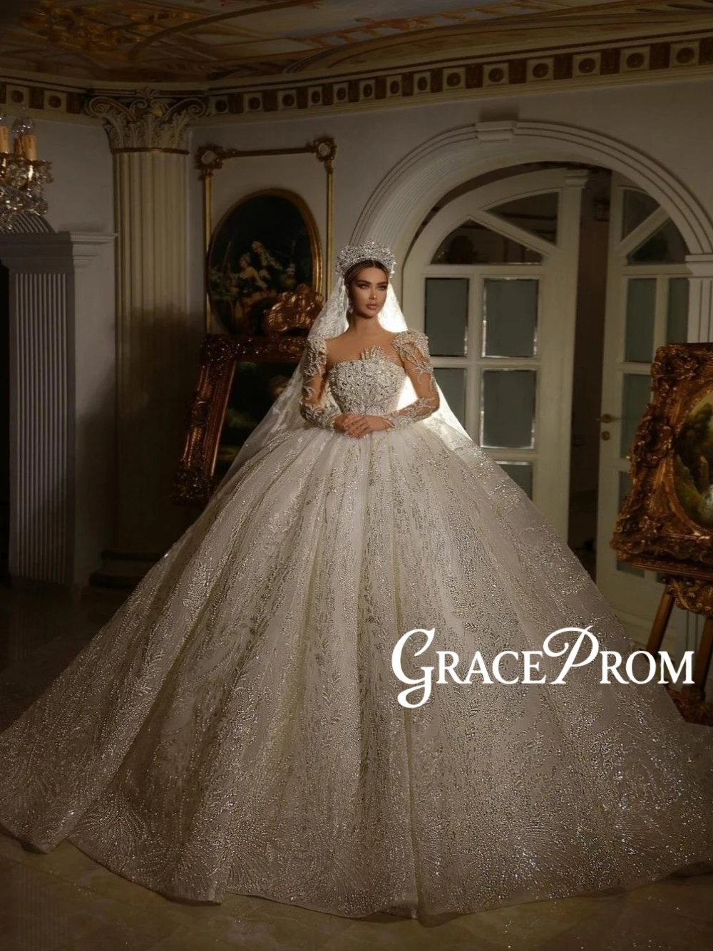 

Royal Embellished Ball Gown Wedding Dress With Long Lace Sleeves Intricate Beading Sparkly Tulle Luxury Vintage Fairy Bride Wear