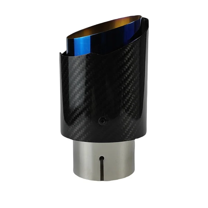 High Quality 1 Pcs Universal Car Carbon Fibre Tail Throat Stainless Steel Blue Plating Twill Glossy Muffler Exhaust Nozzle Tip