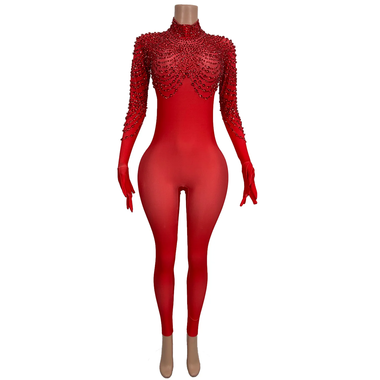 

High Elasticity Large Sized Women Jumpsuit Shiny Red Shawl Rhinestone Tight Pants with Glove Acrobatic Pole Dance Costume pijian