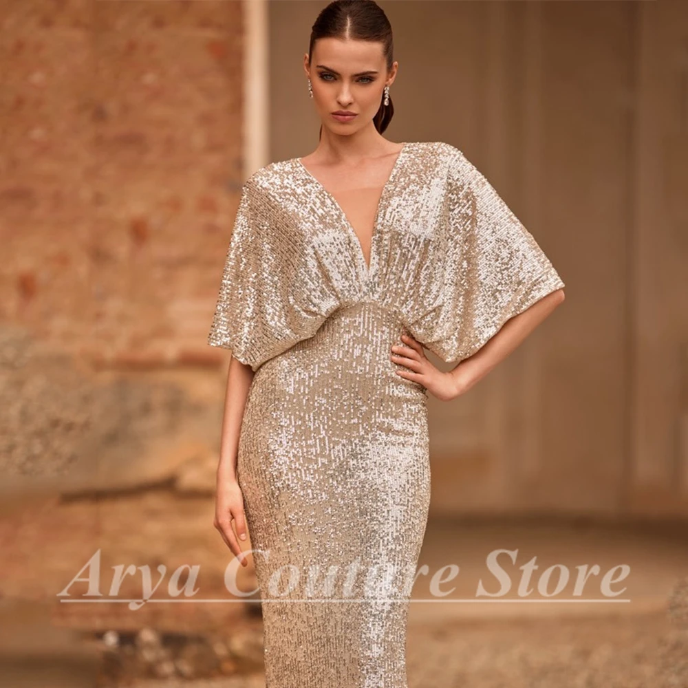 Charming Sequin Half Sleeve Evening Dress Sexy V-Neck Straight Floor Length Women Party Banquet Shiny Custom Made Gowns for Lady