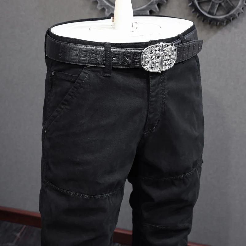 Y2K High Street Fashion New Jeans Washed Nostalgic Stretch Slim Black Jeans Hip Hop Brand Large Pocket High Quality Splicin