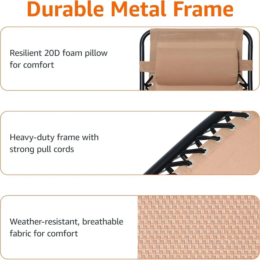 2-Piece Beige Outdoor Zero Gravity Recliner Set with Side Table, 35x26x43