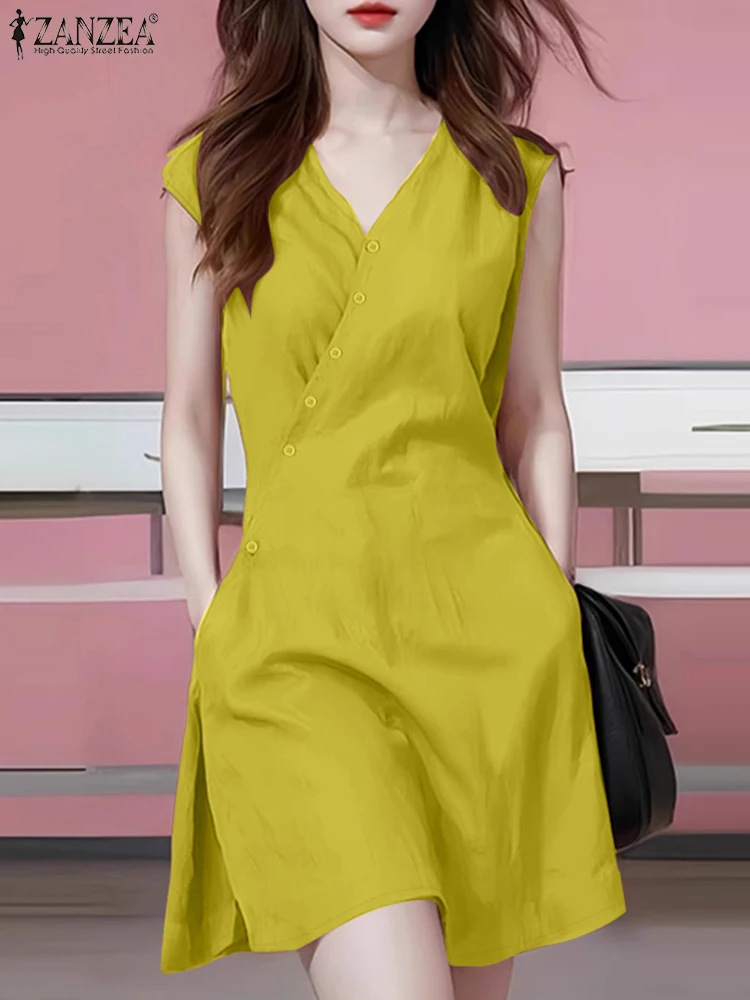 ZANZEA 2023 Sommer Ärmelloses Sommerkleid Stilvolle Frauen Kleider Elegante V-ausschnitt Büroarbeit Kleid Casual Solide Urlaub Vestidos Robe