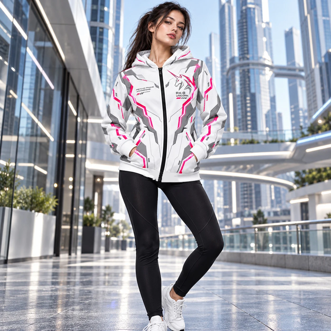 Gundam Unicorn RX0 Mens Zip Up Hoodie Anime Mecha Graphic White Pink Hooded Sweatshirt Casual Streetwear