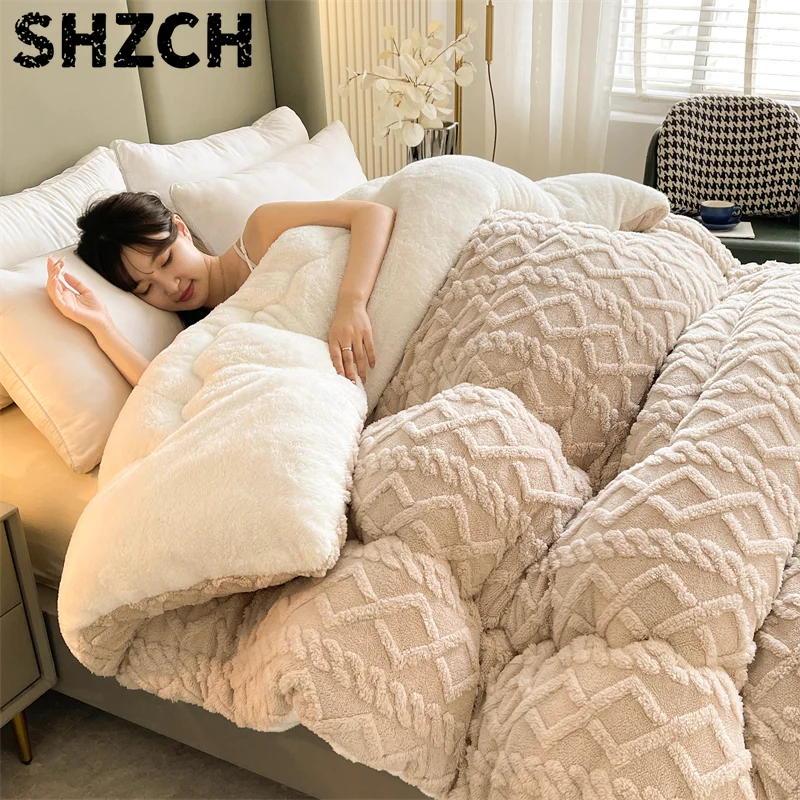Winter lamb fleece quilt winter comforter added fleece thickened super warm blanket double space quilt core home hotel