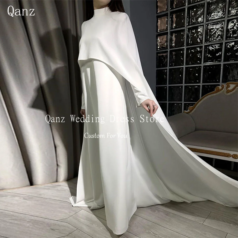 Qanz Elegant White Muslim Wedding Party Dresses Arabic Cape Prom Gowns Long Train Vestidos De Boda Para Fiestas Customized