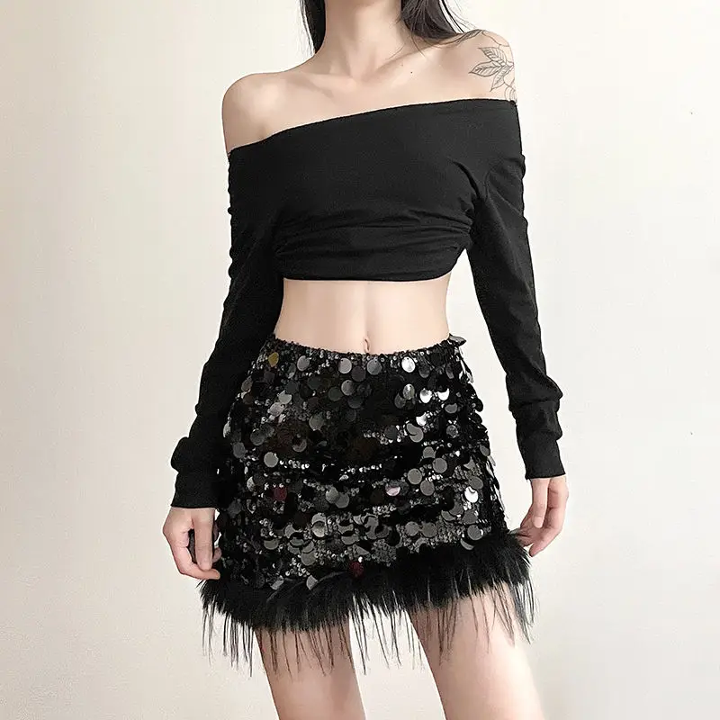 Sexy Sparkly Korean Women's High Waisted Sequin Skirt Elegant Plush Spliced Party Skirt