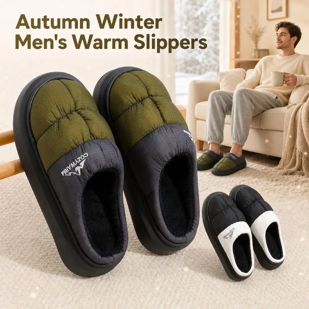 Fashion Warm Men's Cotton Slippers Thickened Fleece-lined Indoor Slippers Comfort Platform Slip On Home Shoes Autumn Winter