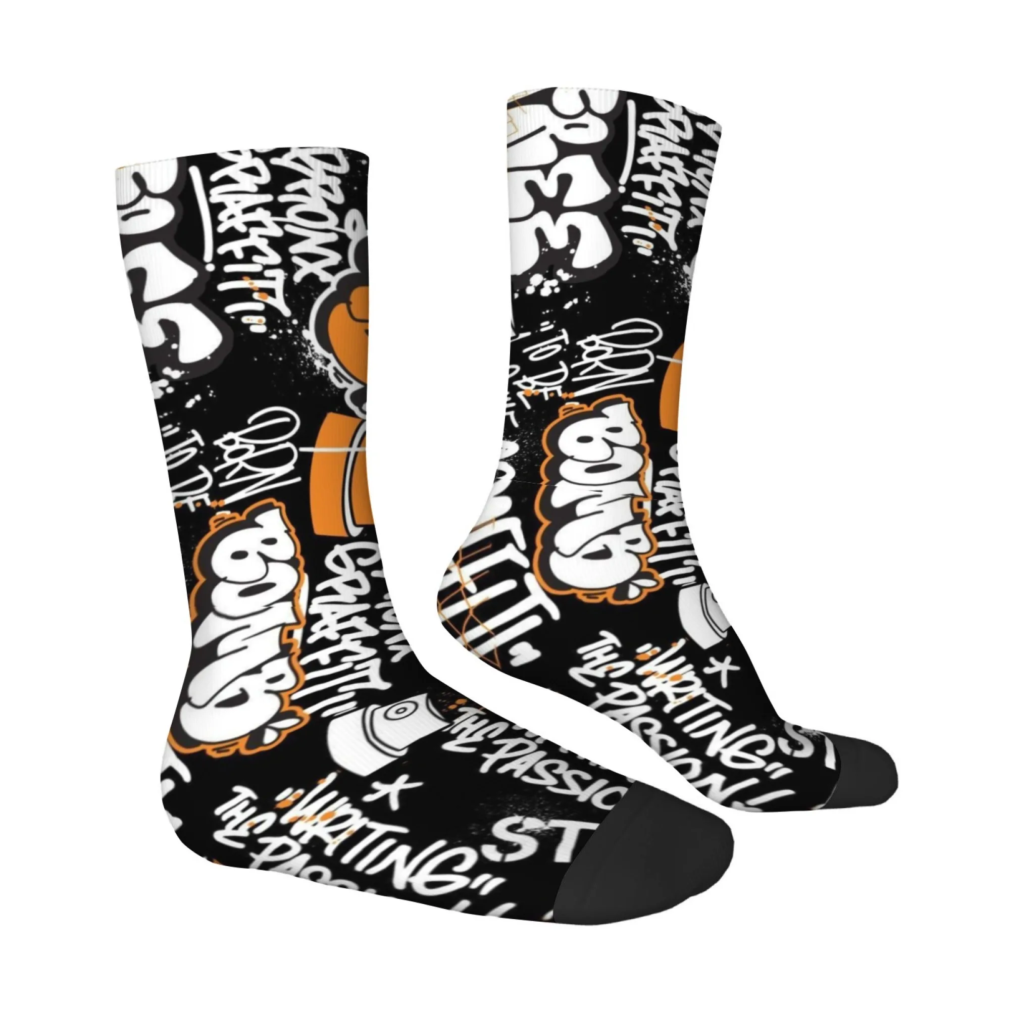 Street Style Orange Black Graffiti Cool Print Men's Mid-calf Socks High-saturation Rebellious Style for Nighttime Parties