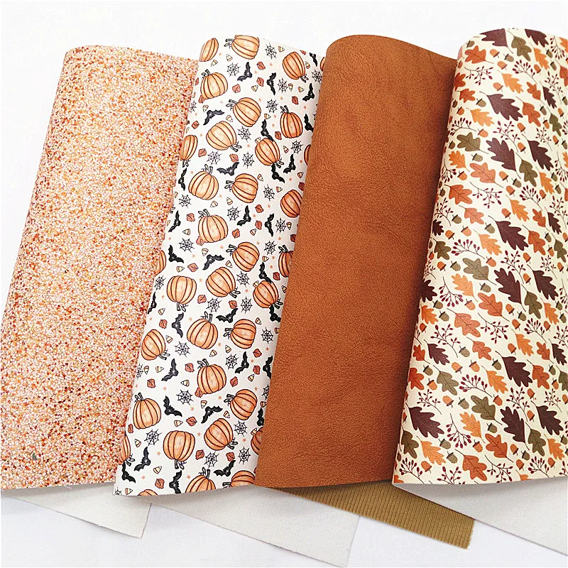 Fall Faux Leather Sheets Pumpkins Leaves printed Felt Backing Synthetic Leather Suede Faux Fabric For Bow DIY 21x29CM Q1475