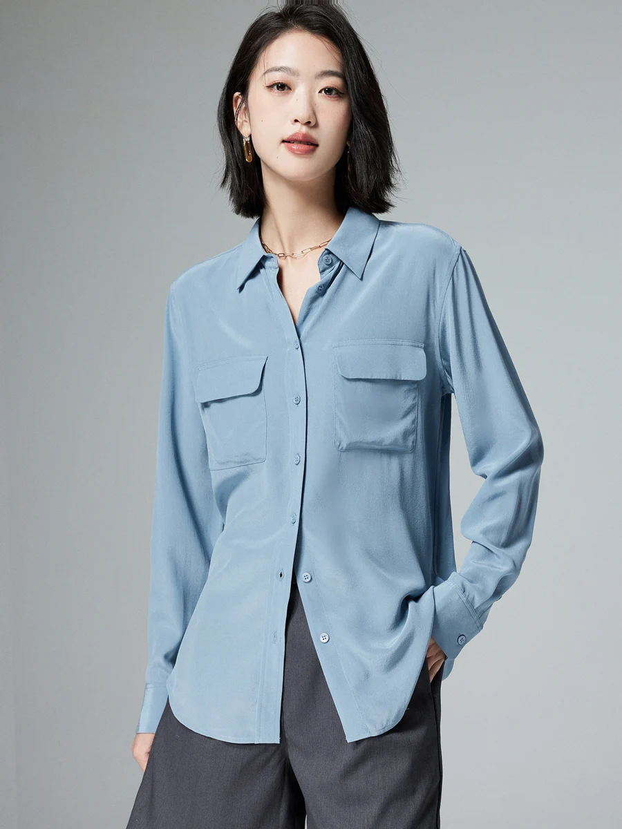 SuyaDream, Women Pockets Shirts, 100%Real Silk, Turn Down Collar, Solid Chic Blouses, 2024 Spring Summer Office Lady Top