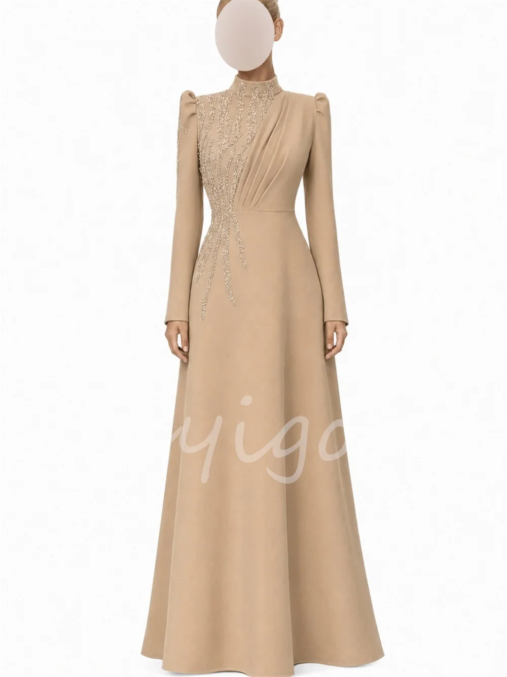 Customized Exquisite Jersey Pleat Sequined A-line High Collar Long Bespoke Occasion Prom Dresses High Quality