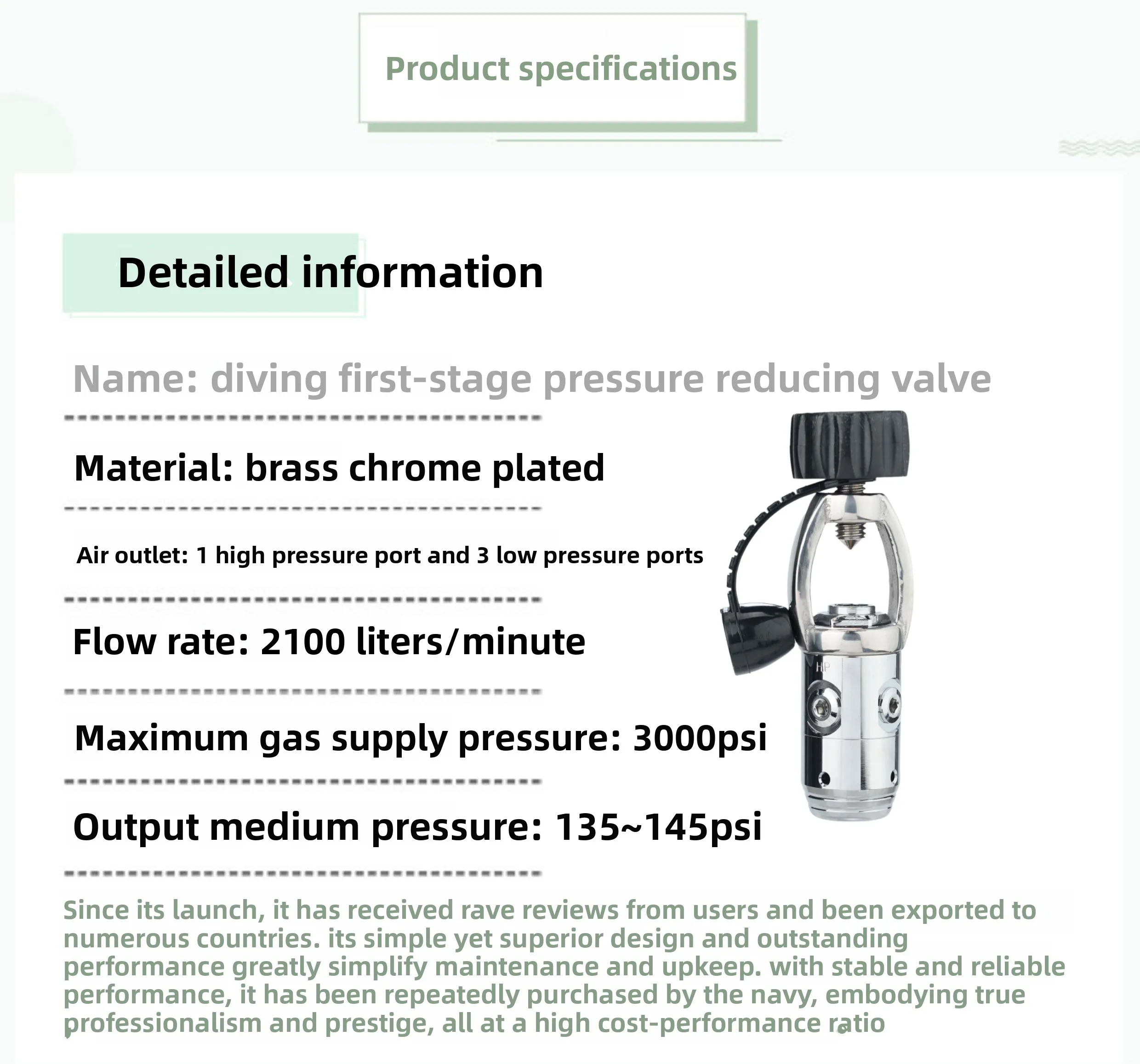 Scuba Diving First Stage Regulator – Chrome-Plated Brass, Balanced Diaphragm/Piston, DIN/Yoke, 1 HP & 3 LP Ports