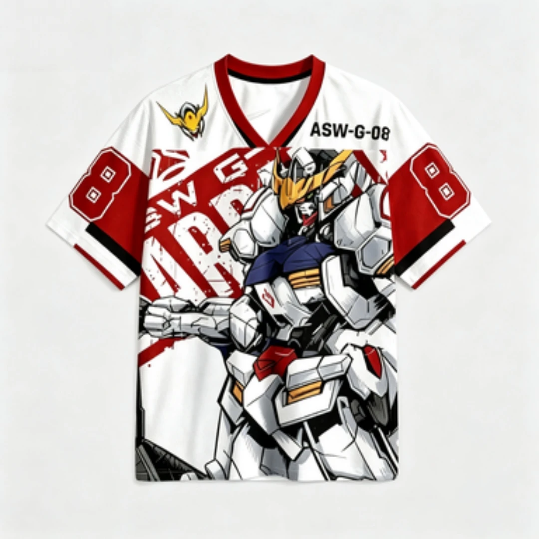 Gundam Barbatos ASW-G-08 Mesh White Red V-neck Anime Iron Blood Orphan Mech Printed Digital 8 Cosplay Fan Top