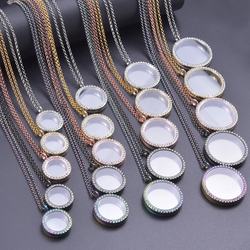 1Pc 25-40mm Women Round Memory Photo Medaillon Pendant Necklaces Mix Color Alloy Twist Glass Locket Chain Collares Jewery Bulk