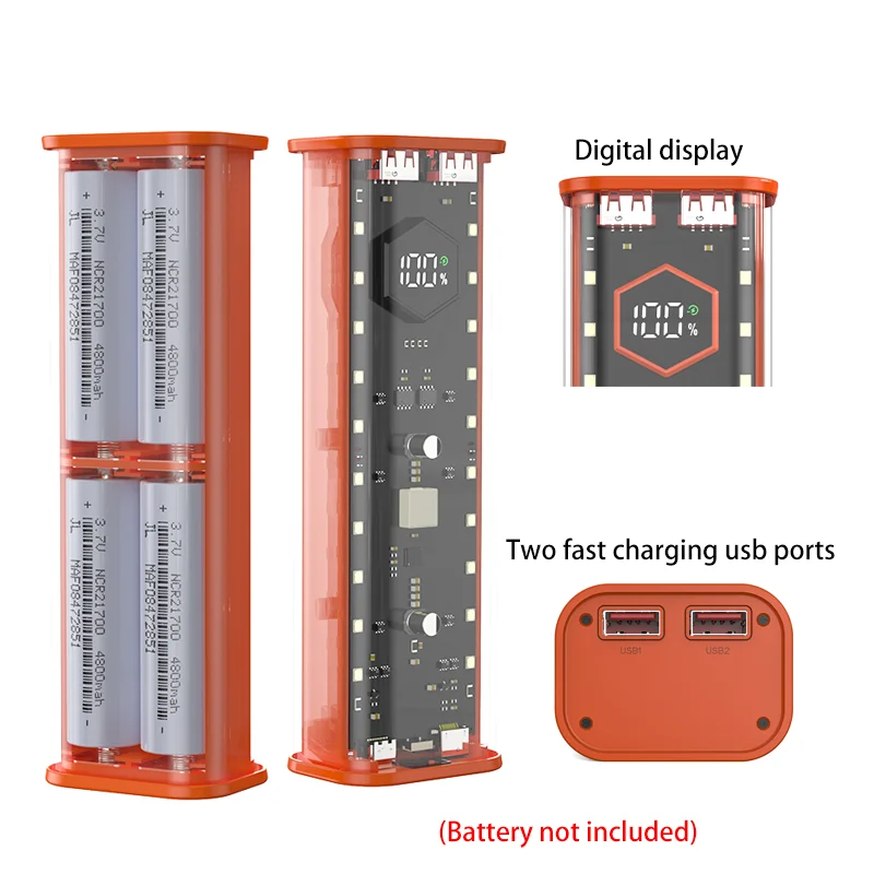 21700 Power Bank 4 Slots 21700 DIY Battery Storage Box Digital Display Dual Fast Charge USB Type C Interface Battery Holder Case