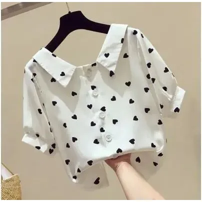 

New 2024 Women's Sweet Heart Print Casual Blouse Office Lady Faionable Polyester irt Ele Ladylike Top