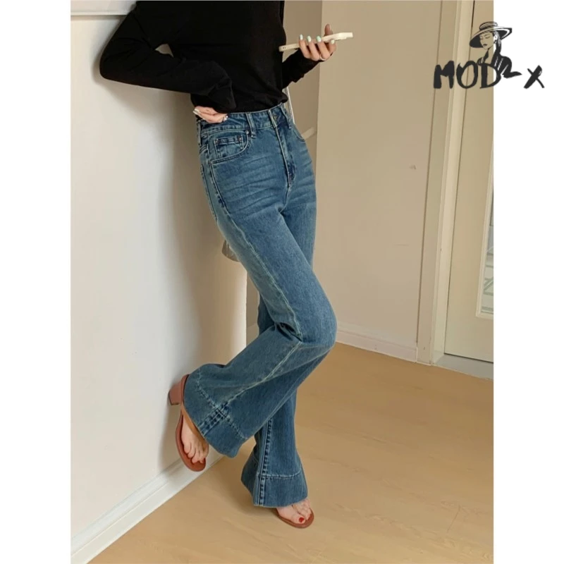 Retro Micro Stretch Wide Leg Jeans for Femininity High Waisted Slimming Four-sided Springtime Horseshoe Pants Denim Pants New