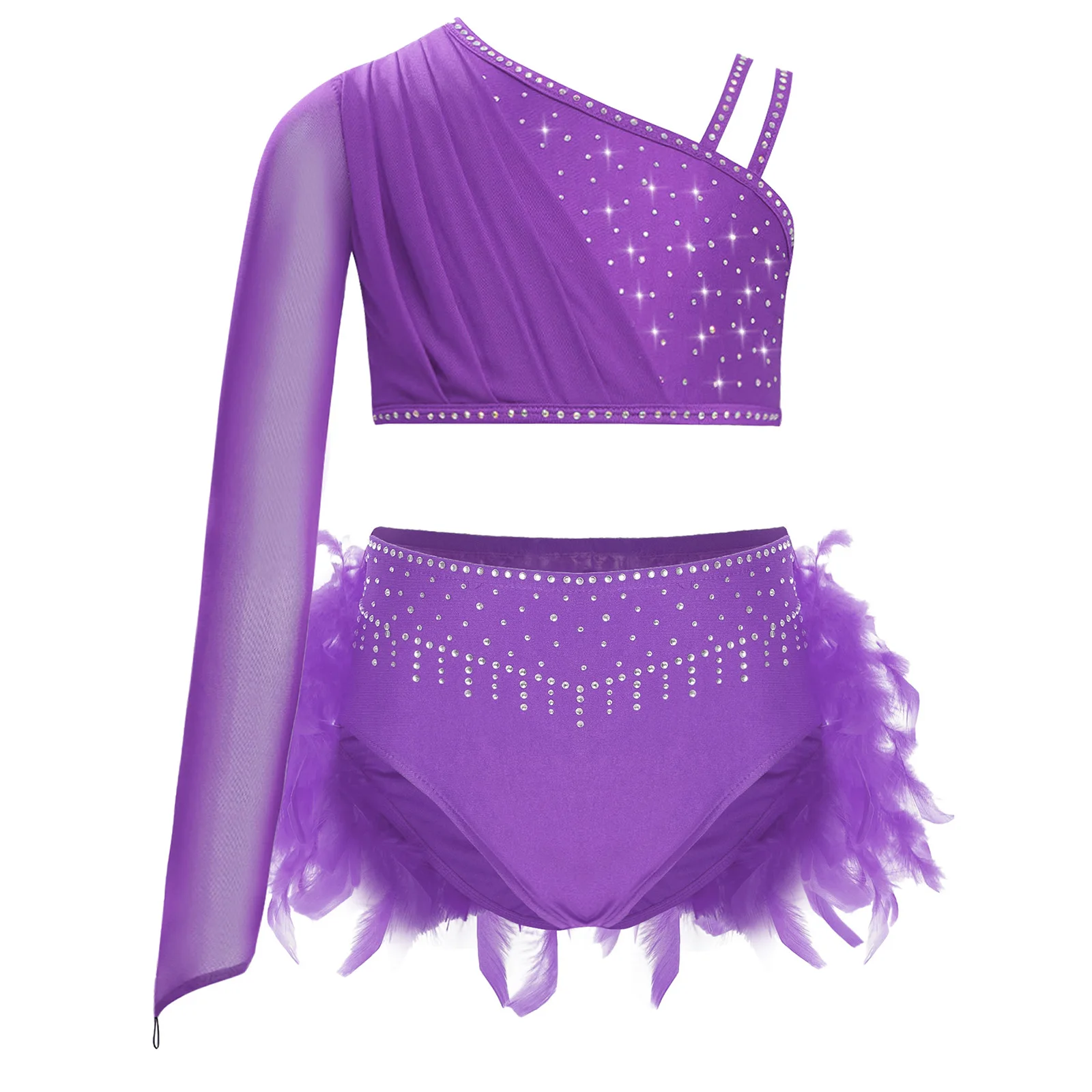 

Kids Girls Lyrical Ballet Dance Outfit Long Sleeve Asymmetrical Shoulder Sheer Mesh Rhinestones Crop Top+Feather Briefs Bottoms