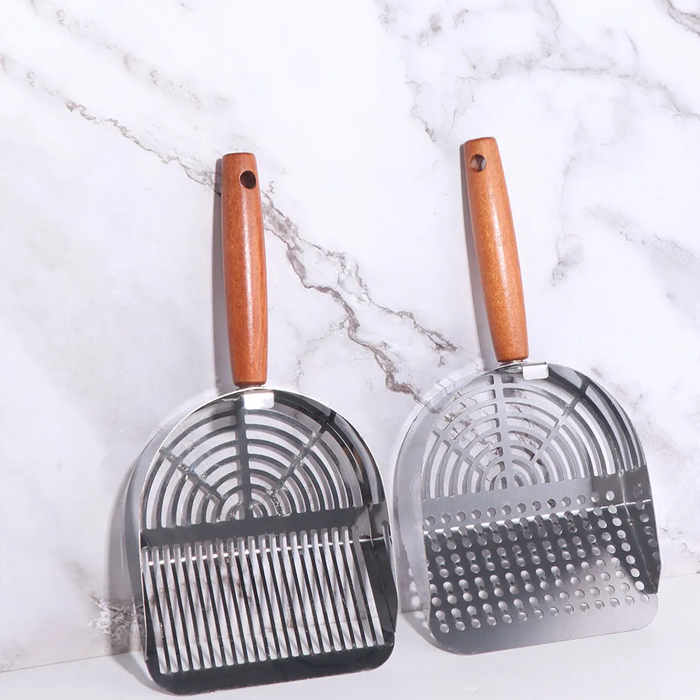 

Stainless Steel Cat Litter Scoop Long Wood Handle with Hanging Hole Pet Waste Shovel Detachable Non-sticker