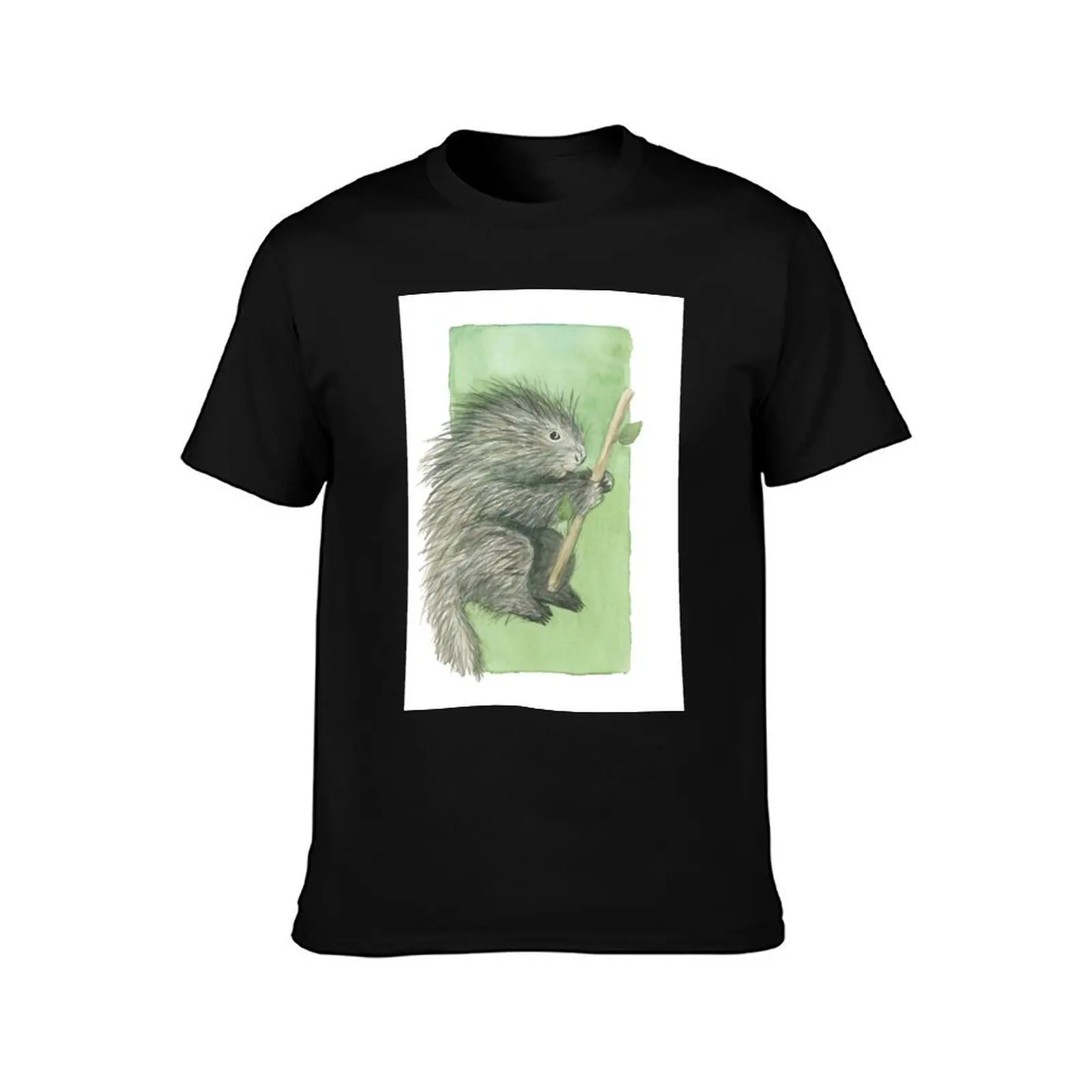 Baby porcupine with leafy stick on green background T-Shirt Casual Holiday Short Sleeve Tee T-Shirt