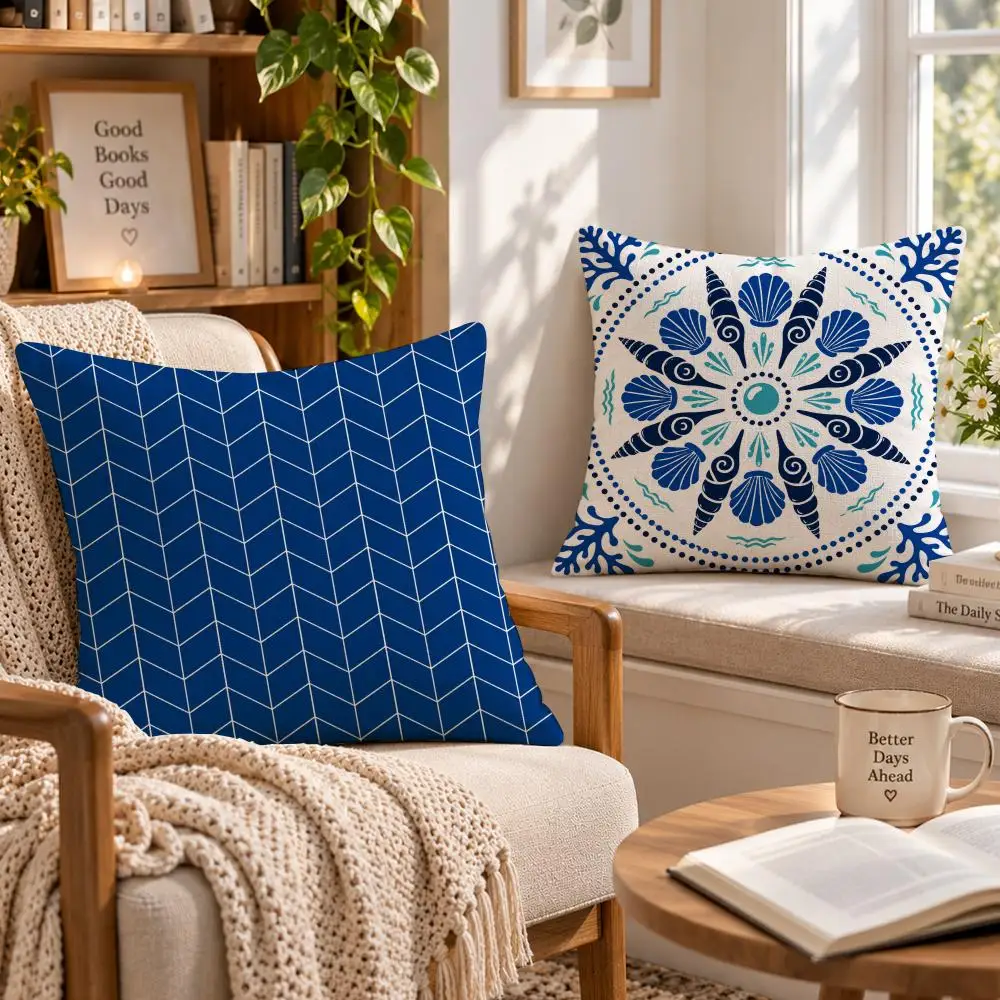 Pattern Ocean B-Blue Ocean Animal Print Cushion Cover Soft Short Cover Washable Sofa Bed Dorm Garden Home Office Chair Decor