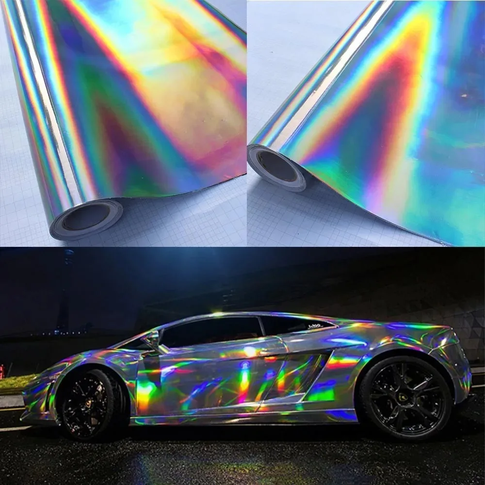 30*100cm Silver Laser Chrome Plating Vinyl Holographic Auto Car Wrap Film Rainbow Car Body Decoration Chrome Sticker Sheet Decal