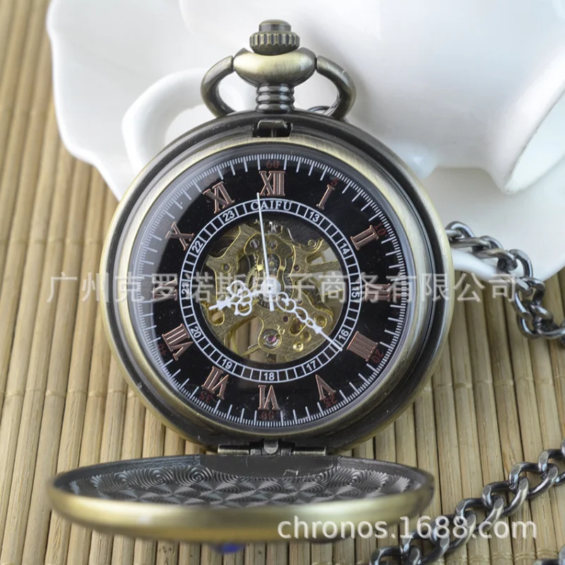 Foreign Trade Large Flip Mechanical Pocket Watch Roman Gem Hollow Semi-automatic Manual Mechanical Watch Pocket Watch