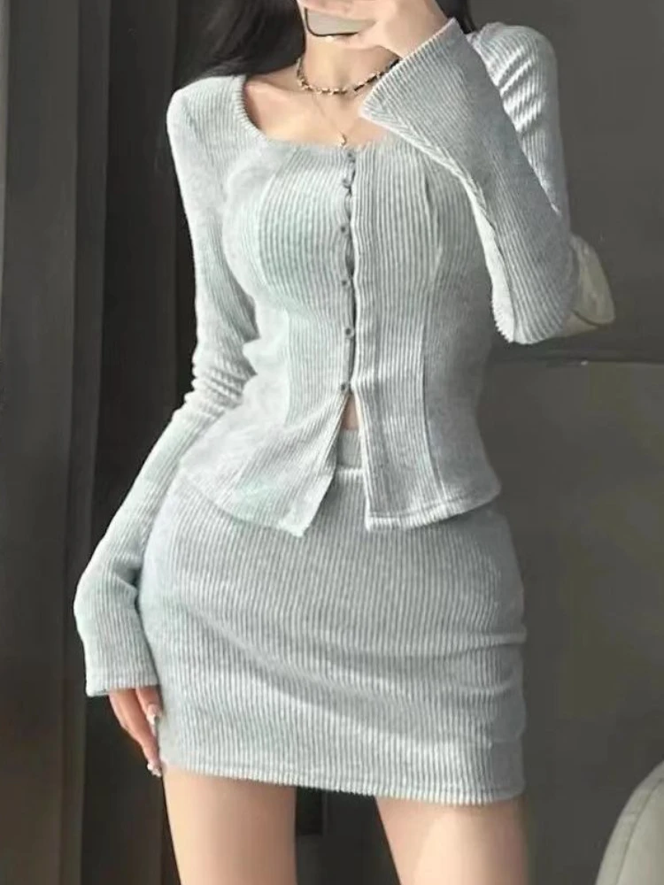 2 Pcs Sets Women Sexy Autumn Knitwear Long Sleeve Sweater Cardigans Mini A-line Skirts Office Lady Elegant Slim Casual Vintage