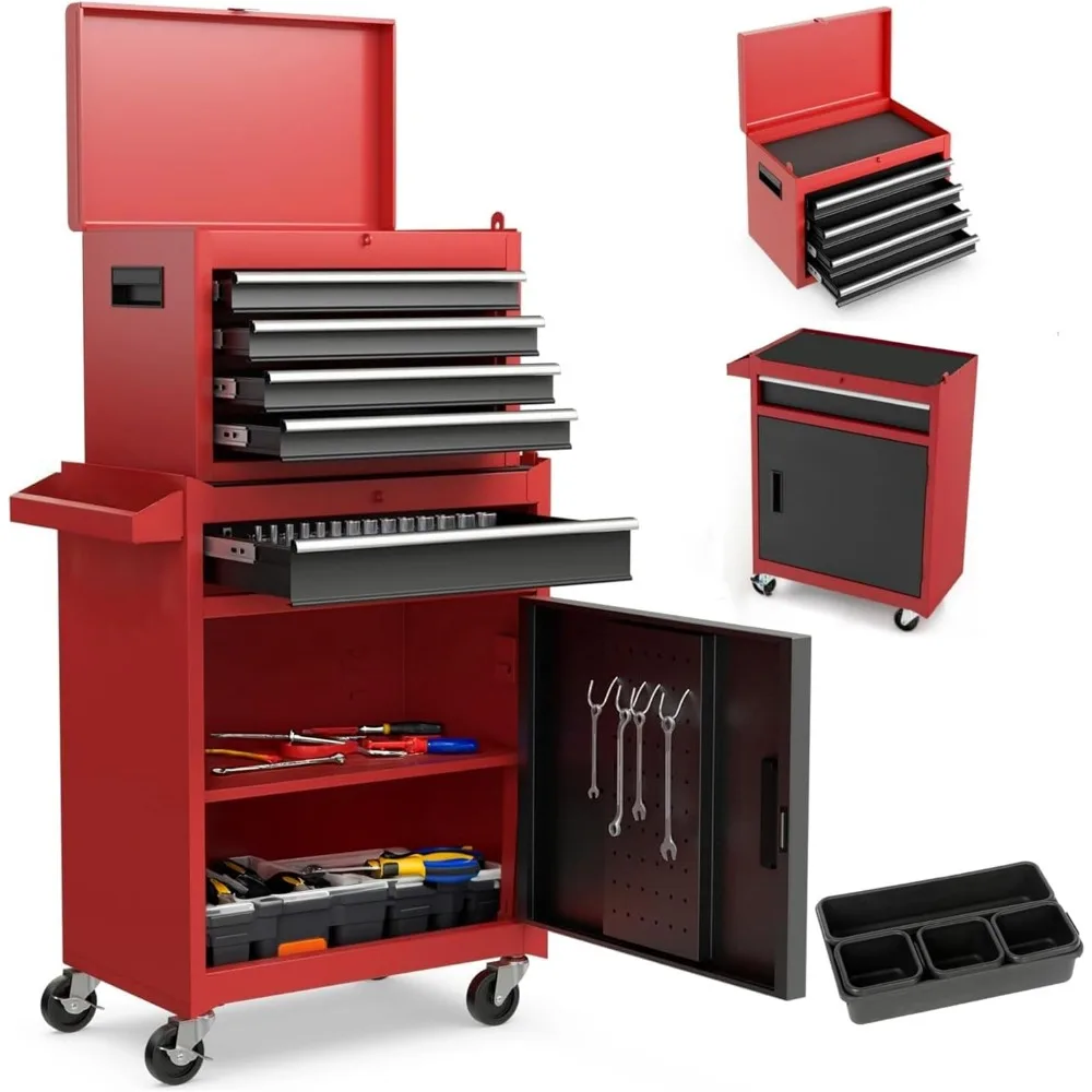 

Tool Chest, 5-Drawer Rolling Tool Storage Cabinet with Detachable Top Tool Box, Liner, Universal Lockable Wheels, Locking Mechan