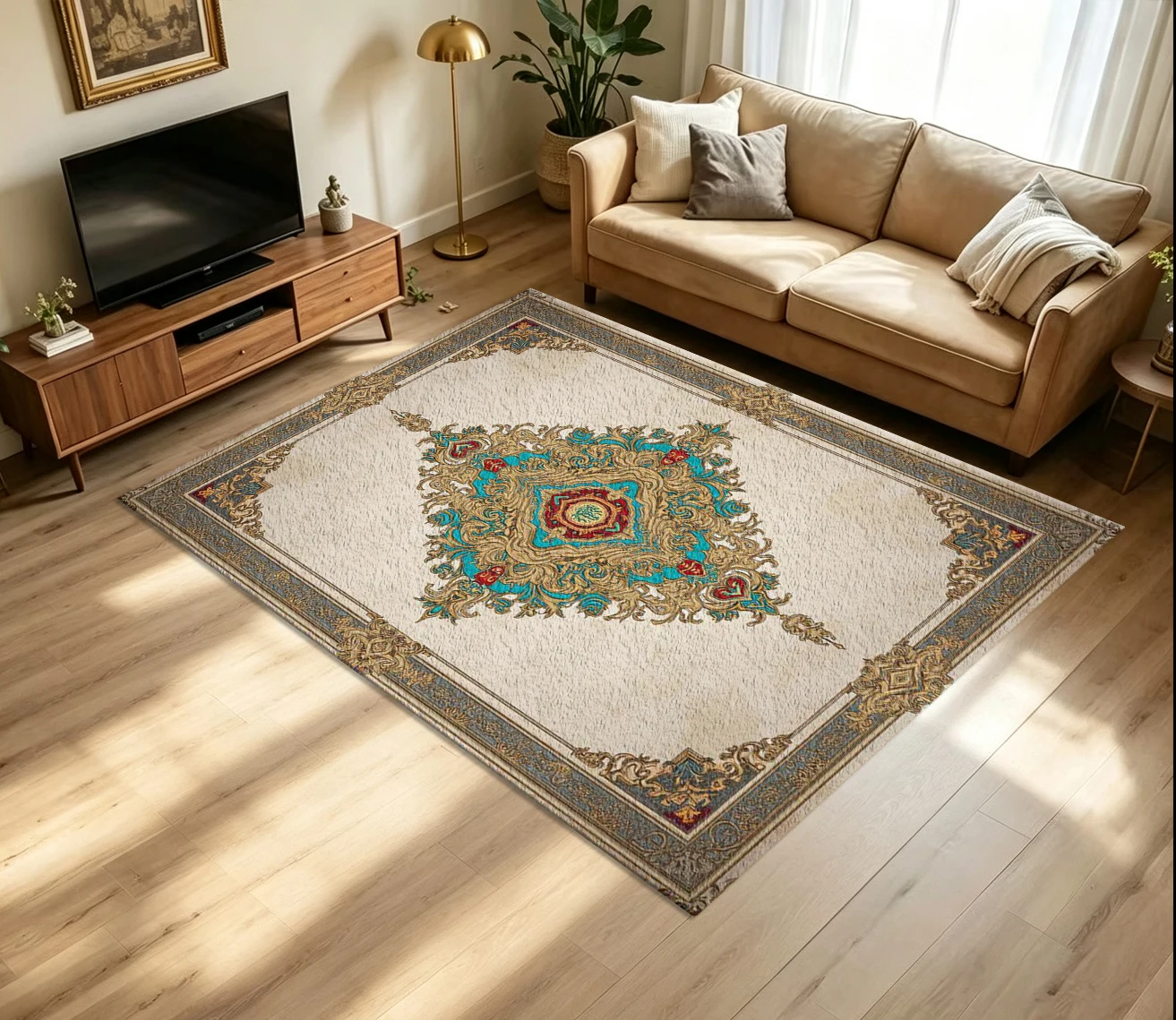 Luxury Vintage Ornate Medallion Carpet Flooring Exquisite Golden Turquoise Symmetric Scroll Classic Border Art Pattern Printed Floor Rug for Household Indoor Noble Home Decoration