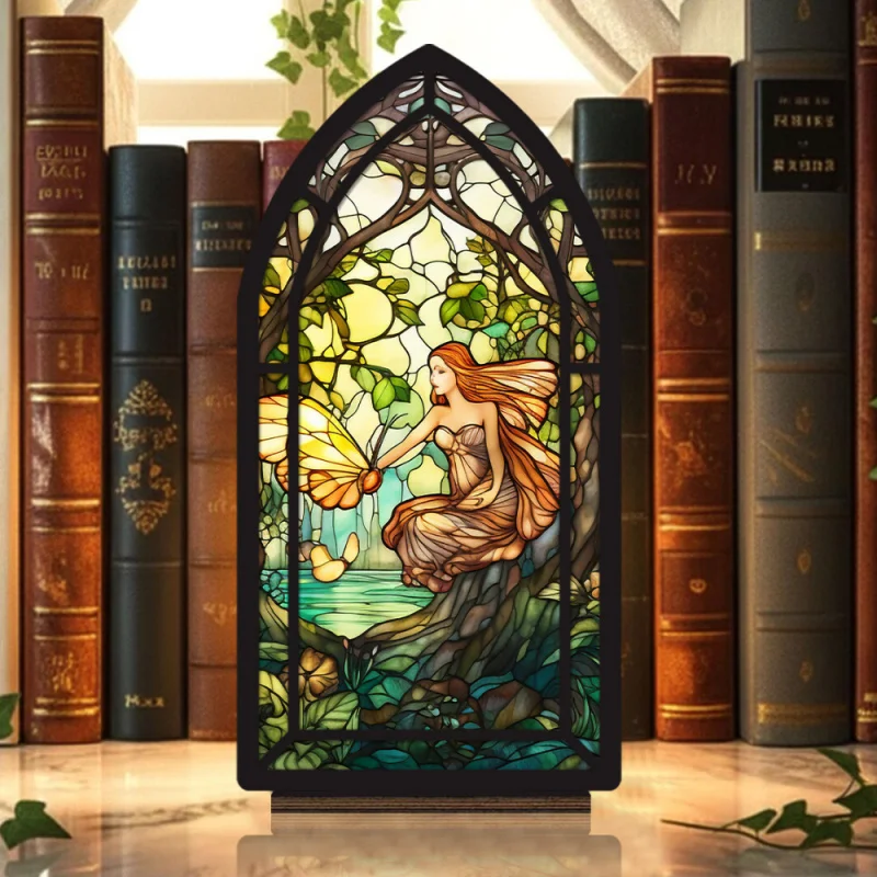 Figura coleccionable 2D plana de una sola pieza, estatua de hada de ensueño para estudio, letrero de biblioteca de estilo gótico, cómoda e iluminada.