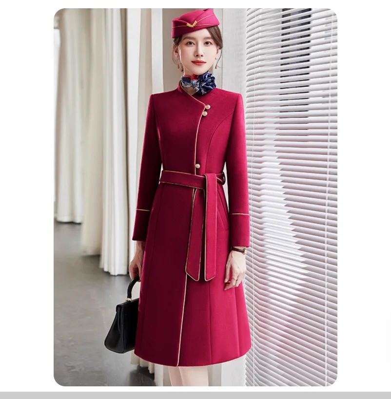 Winter style burgundy mid length jacket for slimming flight attendant uniform