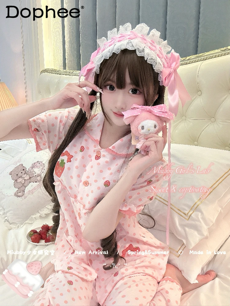 

Cute Sweet Soft Sister Pure Cotton Strawberry Print Short-sleeved Pajama Set Japanese Girl Ins Casual Outdoor Homewear