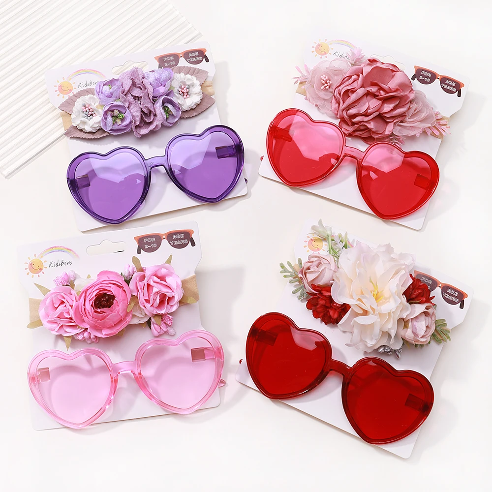 2Pcs/Set Headband Sunglasses Set for Kids Girls Vintage Artificial Flower Geometry Protective Glasses Headwear Hair Accessories