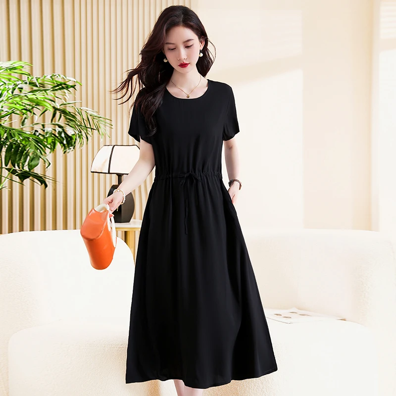 Elegant Women\'s Summer Dress 2023 New Casual Slim Short Sleeve Long Dress Korean Style Slim Vintage Clothes High Quality