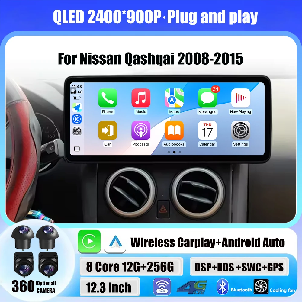 For Nissan Qashqai 2008-2015 Android 14 Car Radio Multimedia Player Stereo GPS Carplay Auto 4G WIFI 12.3