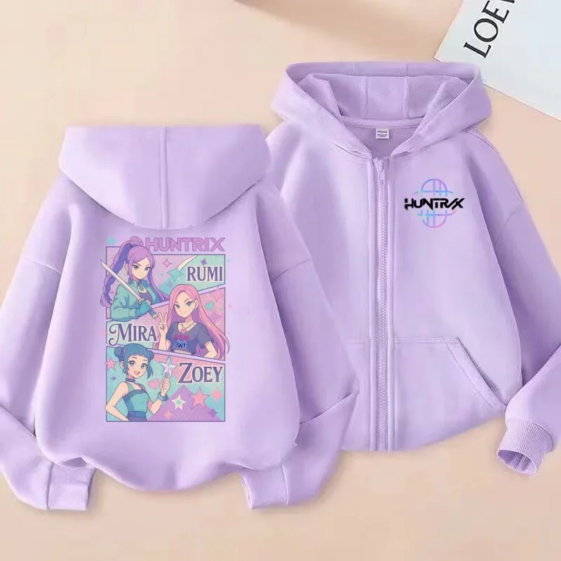 سترة KPOP Demon Hunters Huntrix RUMI/MIRA/ZOEY Trio مطبوعة للأطفال بسحاب، بلوزة عصرية وجذابة