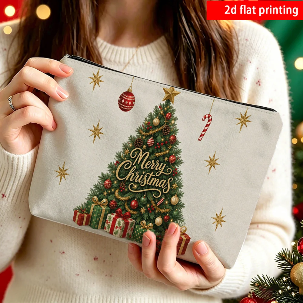Xmas Merry Christmas Xmas Tree Candy Cane Gifts Golden Star Corduroy Makeup Pouch Portable Travel Cosmetic Zipper Storage Bag