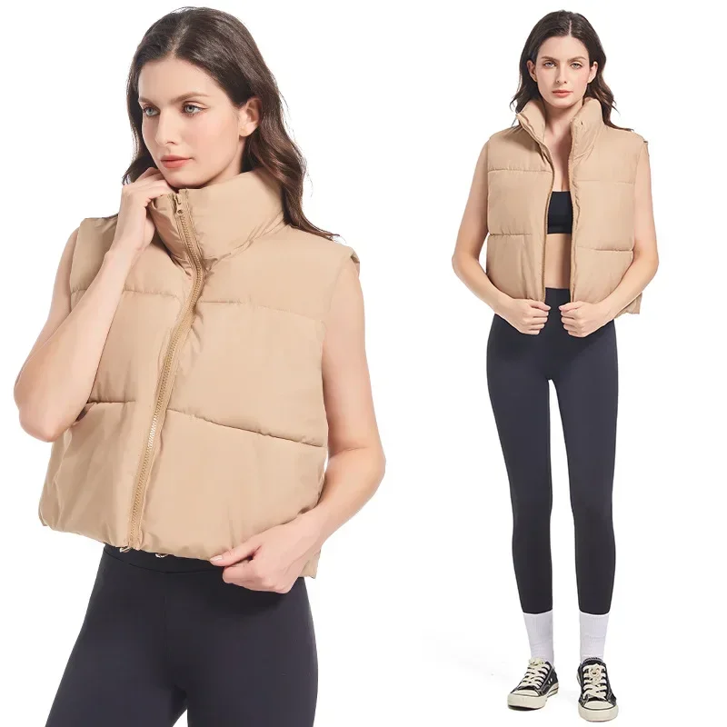 2024 Sleeveless Vest Jacket Winter Women's Short Sleek New Stand-Up Collar And Shoulders Warm Down Cotton Vest Outerwear Female